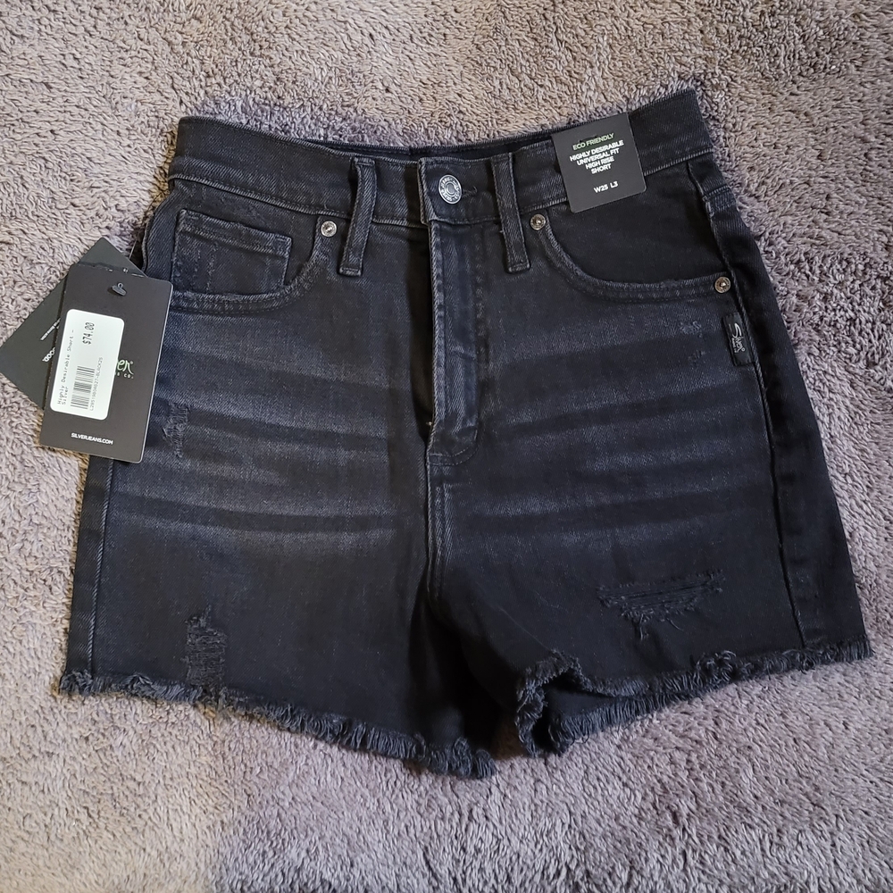 Silver Black High-Waisted Jean Shorts with Frayed Hem
